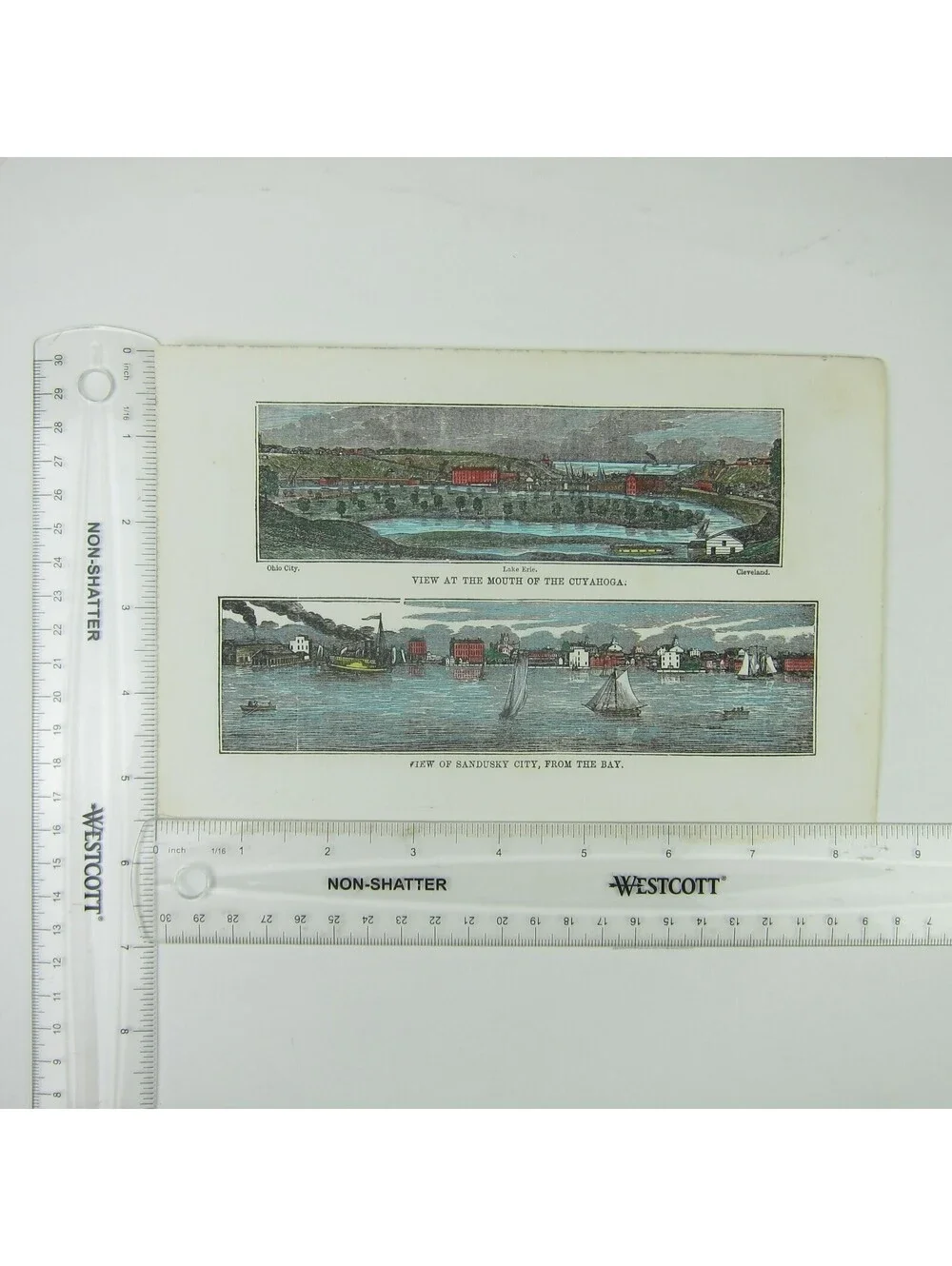 Engraving Print Ohio Cuyahoga River, Sandusky City Bay Hand Colored Antique 1847